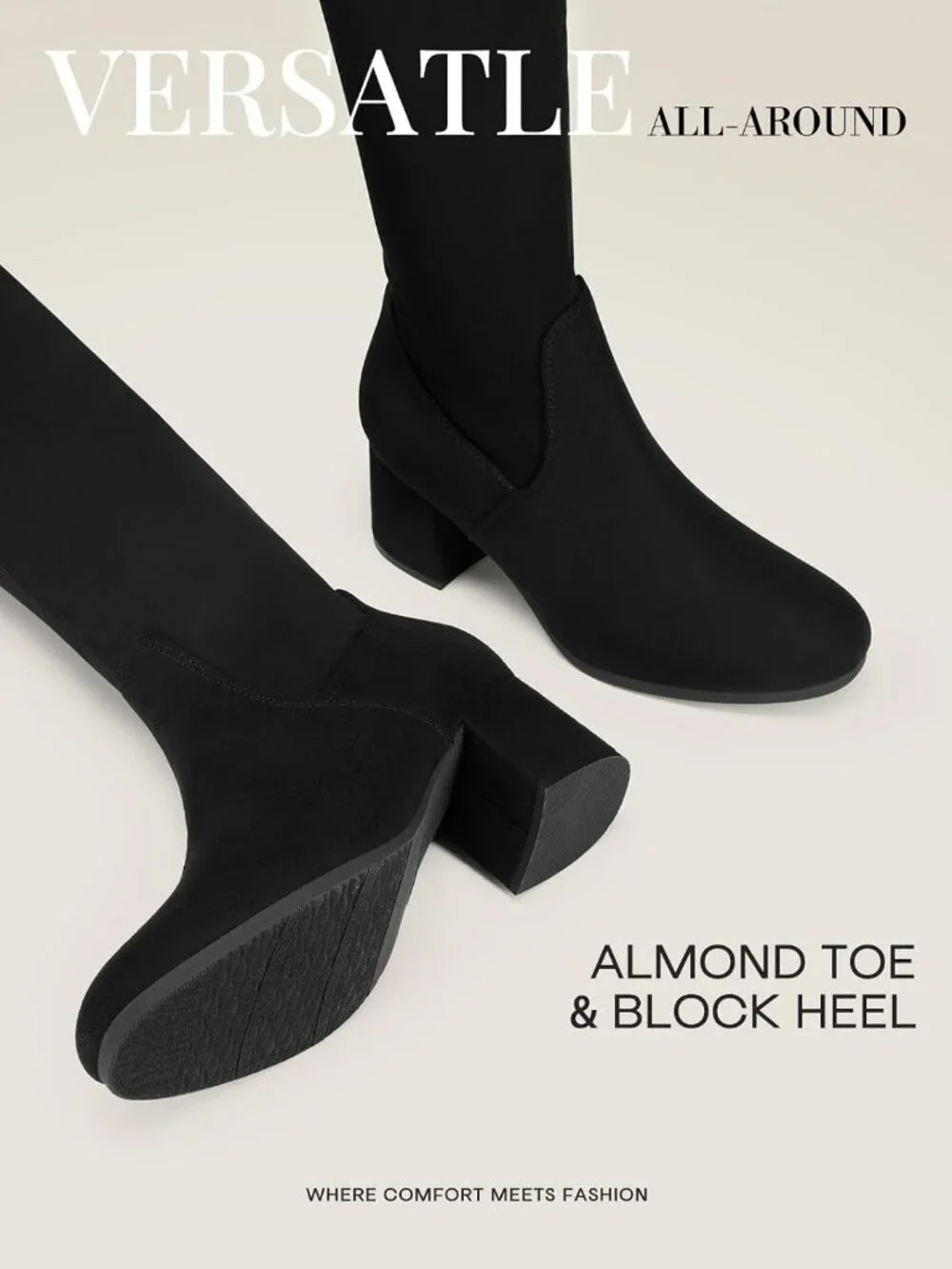 Women's Black Over the Knee Stretch Chunky Heel Thigh High Boots